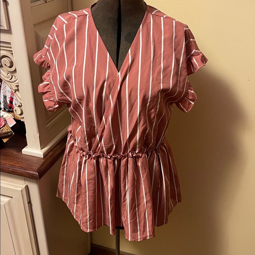 SHEIN Pink Striped Ruffle Sleeve Blouse
